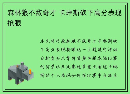 森林狼不敌奇才 卡琳斯砍下高分表现抢眼