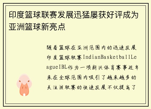 印度篮球联赛发展迅猛屡获好评成为亚洲篮球新亮点