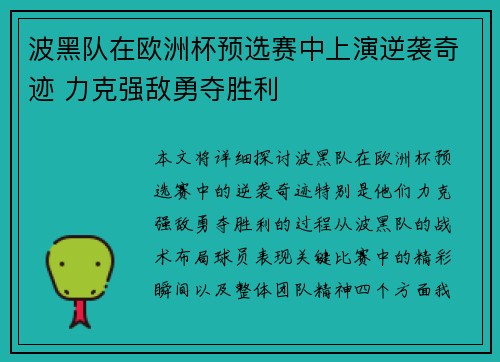 波黑队在欧洲杯预选赛中上演逆袭奇迹 力克强敌勇夺胜利
