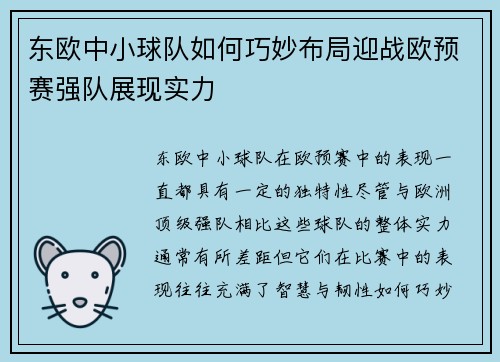 东欧中小球队如何巧妙布局迎战欧预赛强队展现实力