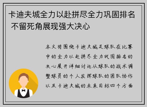 卡迪夫城全力以赴拼尽全力巩固排名 不留死角展现强大决心