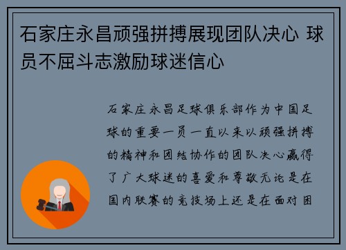 石家庄永昌顽强拼搏展现团队决心 球员不屈斗志激励球迷信心