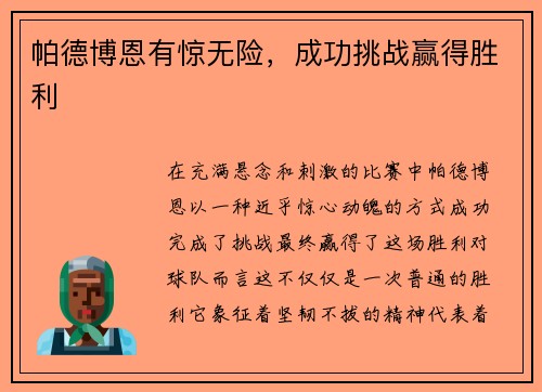 帕德博恩有惊无险，成功挑战赢得胜利