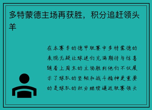 多特蒙德主场再获胜，积分追赶领头羊