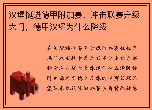 汉堡挺进德甲附加赛，冲击联赛升级大门，德甲汉堡为什么降级
