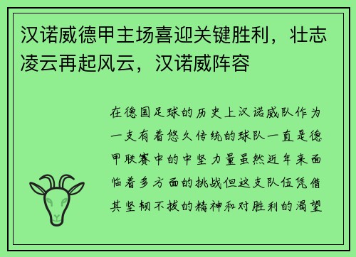 汉诺威德甲主场喜迎关键胜利，壮志凌云再起风云，汉诺威阵容