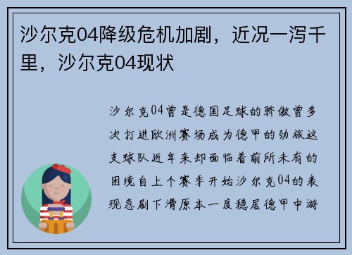 沙尔克04降级危机加剧，近况一泻千里，沙尔克04现状