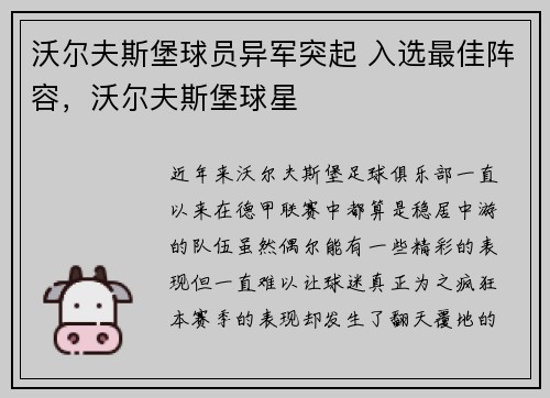 沃尔夫斯堡球员异军突起 入选最佳阵容，沃尔夫斯堡球星
