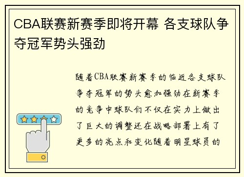 CBA联赛新赛季即将开幕 各支球队争夺冠军势头强劲