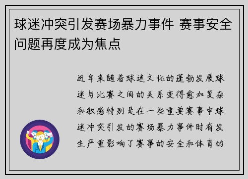 球迷冲突引发赛场暴力事件 赛事安全问题再度成为焦点