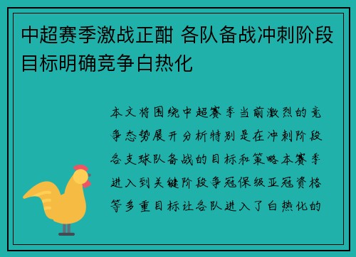 中超赛季激战正酣 各队备战冲刺阶段目标明确竞争白热化
